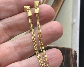 Brushed Gold Tone Rectangle Chain Drop Earrings, Modernist Tassel Dangle