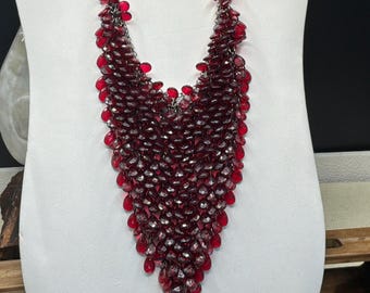 Red Ruby Crystal Cascading Bib Necklace, Gunmetal Chain, 20 Inch Statement Jewelry