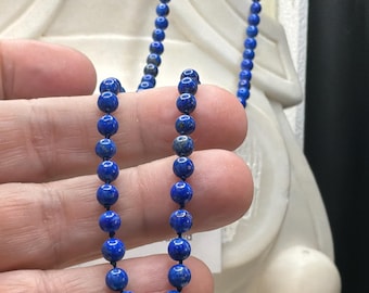 Lapis Lazuli Bead Necklace, 24 Inch, Hand Knotted, Sterling Silver Filigree Clasp, Blue Gemstone