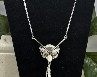 Navajo Sterling Silver Mother of Pearl Necklace, Feather Wing Pendant