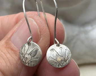 Sterling Silver Bird Disc Dangle Earrings, Oxidized Nature Motif, 1.25 Inch Drop