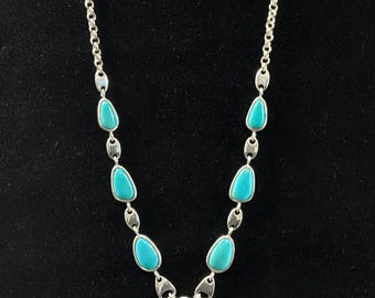 Vintage Sterling Silver Robins Egg Turquoise Necklace, 18 Inch Rolo Chain