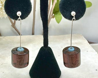 Vintage Sterling Silver Art Glass Earrings Artist Made 3 Inch Drops