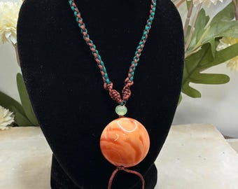 Carnelian Disc Pendant Adjustable Hand Knotted Cord Necklace