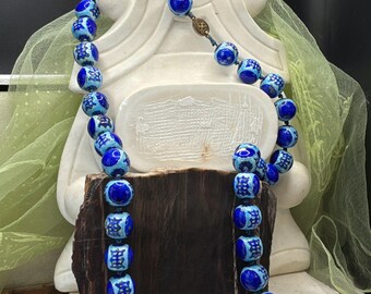Chinese Export Double Happiness Ceramic Beads, Hand Knotted Necklace, Cobalt Turquoise Brass Clasp