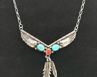 Vintage Sterling Silver Turquoise Coral Wing Pendant Necklace