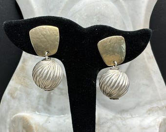 Hammered Brass Square Top, Ribbed Silver Tone Orb Drop Earrings (1.5 Inch)