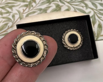 Black Cream Enamel Studs, Silver Tone Rope Frame Round Earrings, Medallion Layered Statement Pair