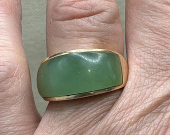 Nephrite jade 14K gold ring, celadon green wide band, custom made, size 10, natural jade dome ring