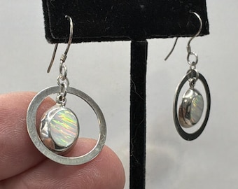 Sterling Silver Opal Earrings, Modernist Circle Dangle, Made in Mexico