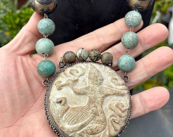 Turquoise Statement Necklace with Carved Aquamarine Pendant
