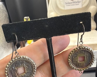 Chinese Coin Earrings, Sterling Silver Granulated Bezel, Kangxi Cash Coin Dangle, Artisan Wire Hook