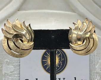 Trifari Gold Tone Clip Earrings, Flame Swirl Wing Design, Mid-Century Statement