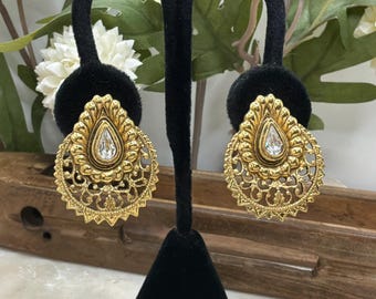 Vintage Gold Tone Filigree Teardrop Rhinestone Statement Earrings