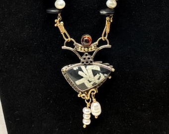 Pearl Necklace, Sterling Silver, 14K Gold, Ammonite Fossil Pendant, Convertible Brooch, Estate Jewelry