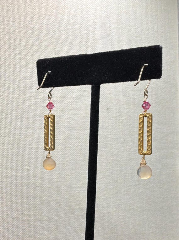 Hammered Brass Rectangle Earrings, Chalcedony Bri… - image 4