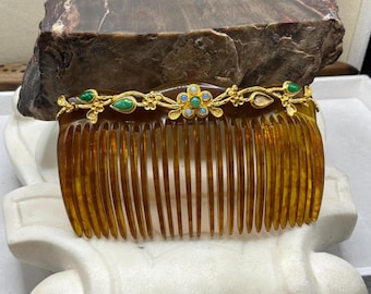 Victorian 22K Gold Hair Comb, Opal Chrysoprase Floral Vine Ornament, Faux Tortoiseshell (5 Inch)
