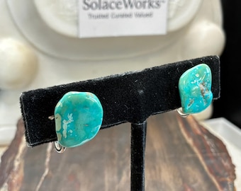 Turquoise Nugget Screw Back Earrings, Blue Green Stone Cabochon, Southwestern Style, Mid-Century