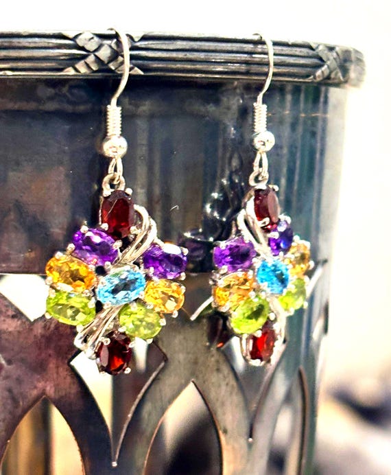 Sterling Silver Multi Gemstone Drop Earrings, Rai… - image 8