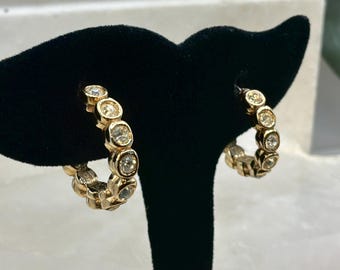 Vintage Clear Rhinestone Gold Tone Hoop Earrings