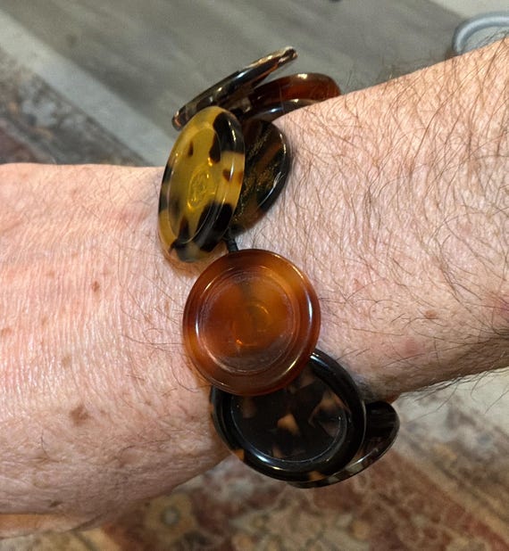Tortoiseshell Button Stretch Bracelet, Amber Brow… - image 3