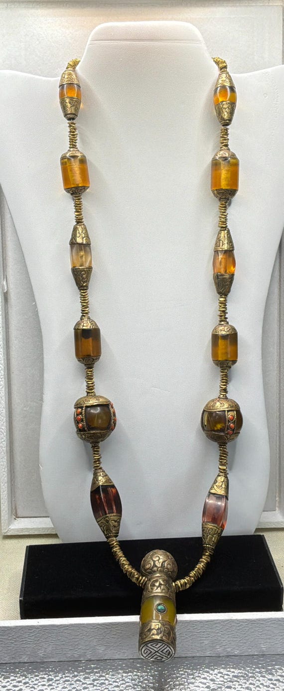 Amber Glass Brass Beaded Necklace, 33 Inches Stat… - image 2