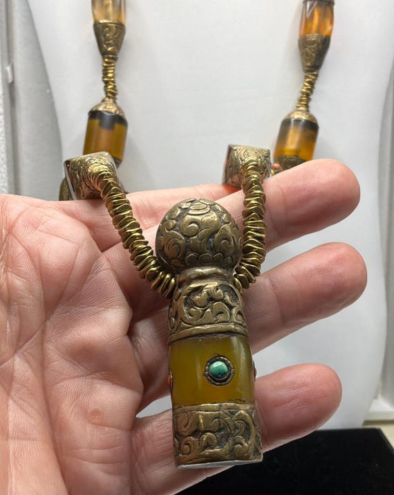 Amber Glass Brass Beaded Necklace, 33 Inches Stat… - image 4