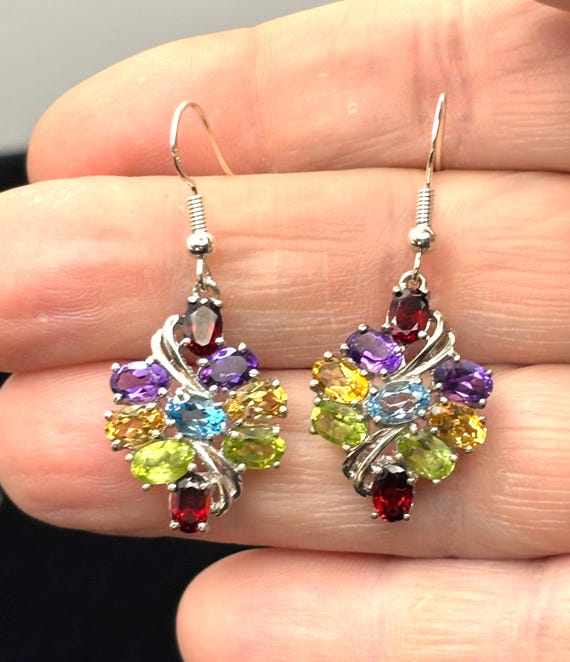Sterling Silver Multi Gemstone Drop Earrings, Rai… - image 3