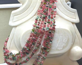 Watermelon Tourmaline Chip Necklace, 7 Strand Torsade, Pink Green Gemstone, 14/20 Gold Filled Clasp