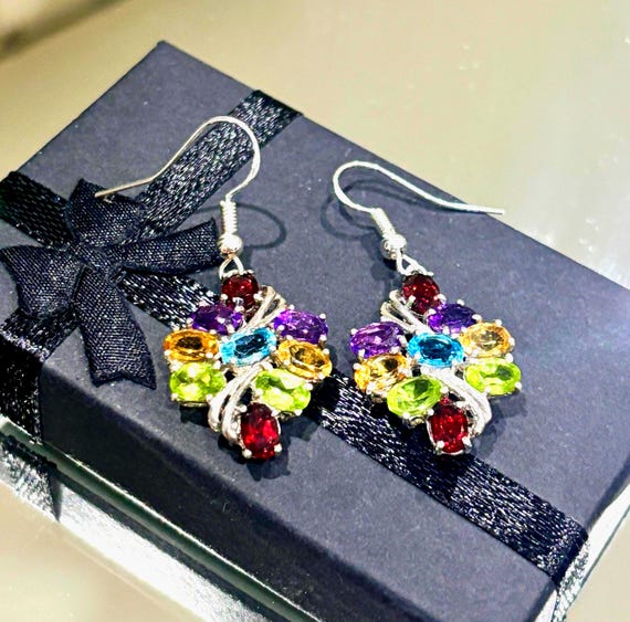 Sterling Silver Multi Gemstone Drop Earrings, Rai… - image 7