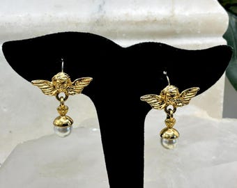 Vintage Gold Tone Cherub Angel Pearl Drop Earrings
