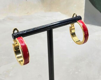 Vintage Monet Red Enamel Gold Tone Hoop Earrings