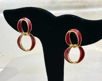 Vintage Red Enamel Double Oval Drop Earrings Gold Tone