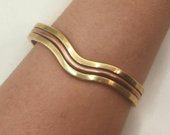 Vintage Mixed Metal Cuff Bracelet, Wavy Brass Copper Cuff