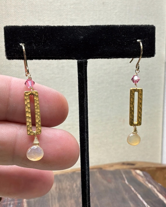 Hammered Brass Rectangle Earrings, Chalcedony Bri… - image 2
