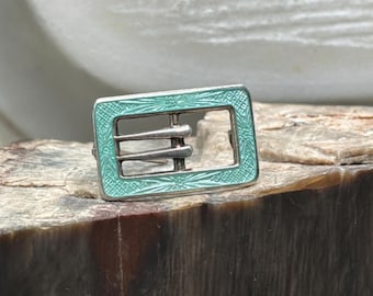Art Deco Sterling Silver Guilloché Buckle Brooch, Turquoise Geometric Enamel Pin