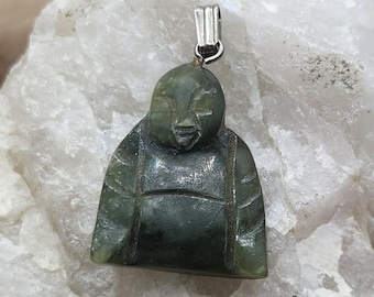 Jadeite Buddha Vintage Pendant, Carved Stone Silver Tone Bail Charm
