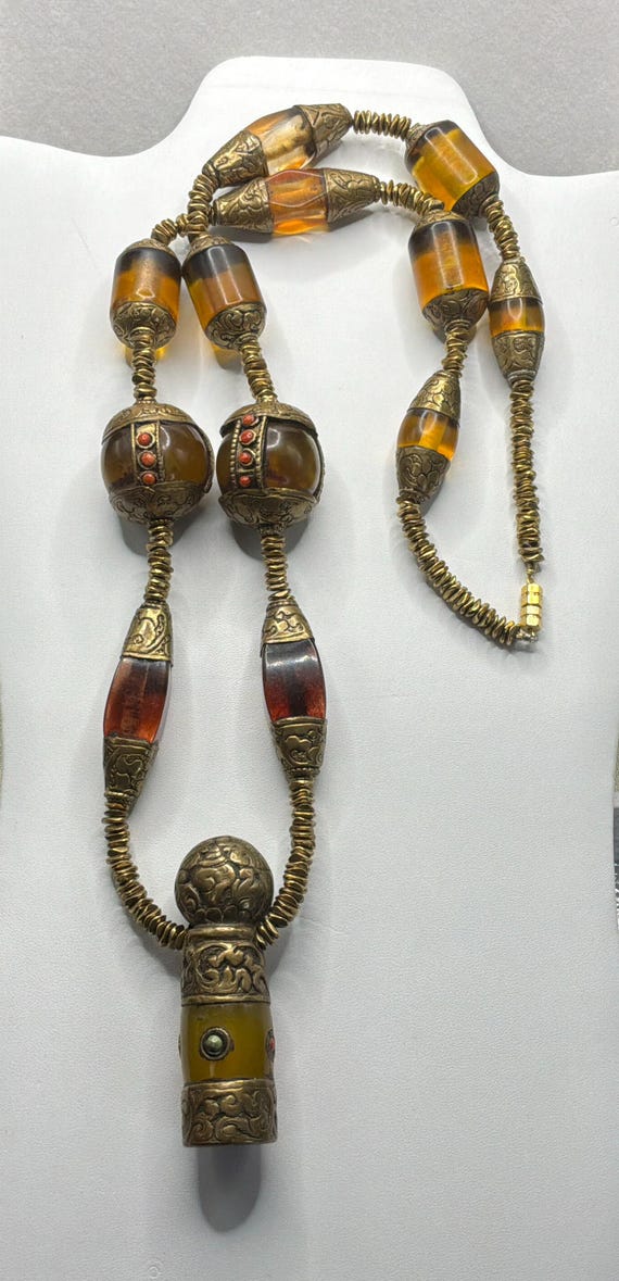 Amber Glass Brass Beaded Necklace, 33 Inches Stat… - image 3
