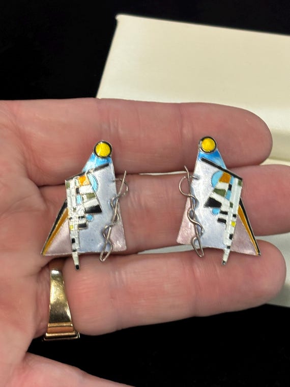 Modernist Sterling Silver, Enamel Stud Earrings, … - image 3