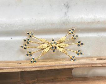 Vintage Blue Rhinestone Floral Spray Brooch Gold Tone Statement Pin