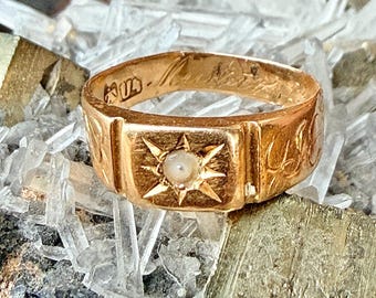 18K Gold Pearl Ring, Victorian Starburst Band | Hallmarked 750 | Scandinavian 1904 | US 4