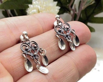 Vintage 935 Silver Filigree Teardrop Chandelier Earrings