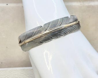 Vintage Harvey Mace Navajo Sterling & Gold Feather Cuff