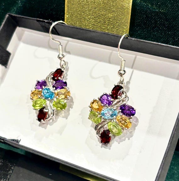 Sterling Silver Multi Gemstone Drop Earrings, Rai… - image 5