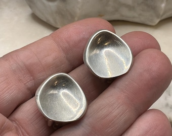 Sterling Silver Clip Earrings, Concave Bowl Form, Brushed Matte Finish, 925 Marked, 1 Inch