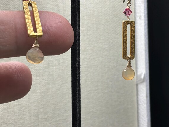 Hammered Brass Rectangle Earrings, Chalcedony Bri… - image 3