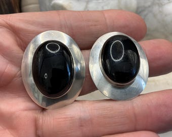 Sterling Silver Black Onyx Earrings, Mid-Century Modernist Design