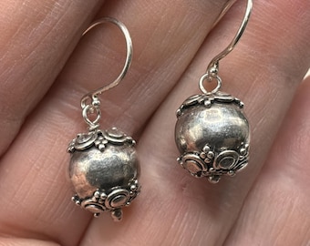 Bali Silver Sphere Earrings, Sterling Drop, Granulated Caps, Hook Wire, 1.5 Inch Dangle