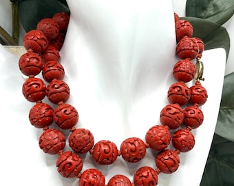 Vintage Carved Cinnabar Bead Necklace - Deep Floral Relief, Sterling Clasp