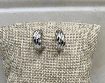 Vintage Surgical Steel Ribbed Half Hoop Earrings Silver Tone